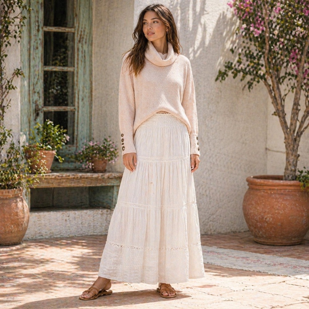 ANTHROPOLOGIE MOTH Women's Sweater SMALL Turtleneck Wool Blend Beige Button Cuff